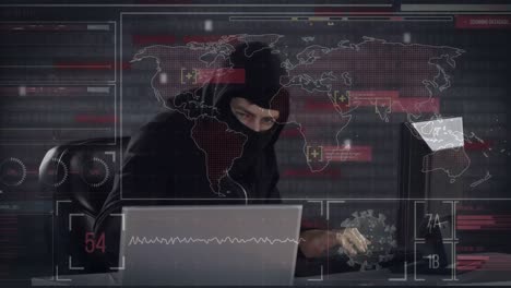 Animación-De-Un-Hacker-Encapuchado-En-Dos-Ordenadores-Y-Un-Mapa-Mundial-Marcado-Con-Zonas-Rojas.