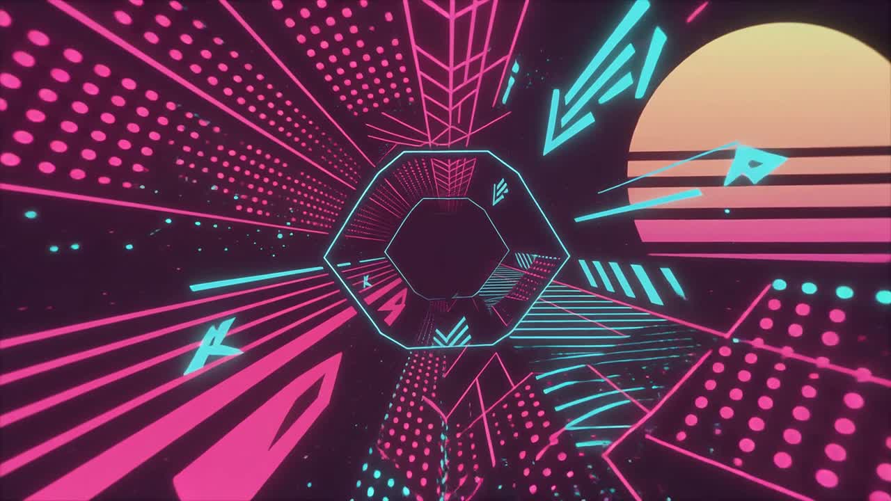 Průlet retro synthwave geometrickým tunelem ve smyčce