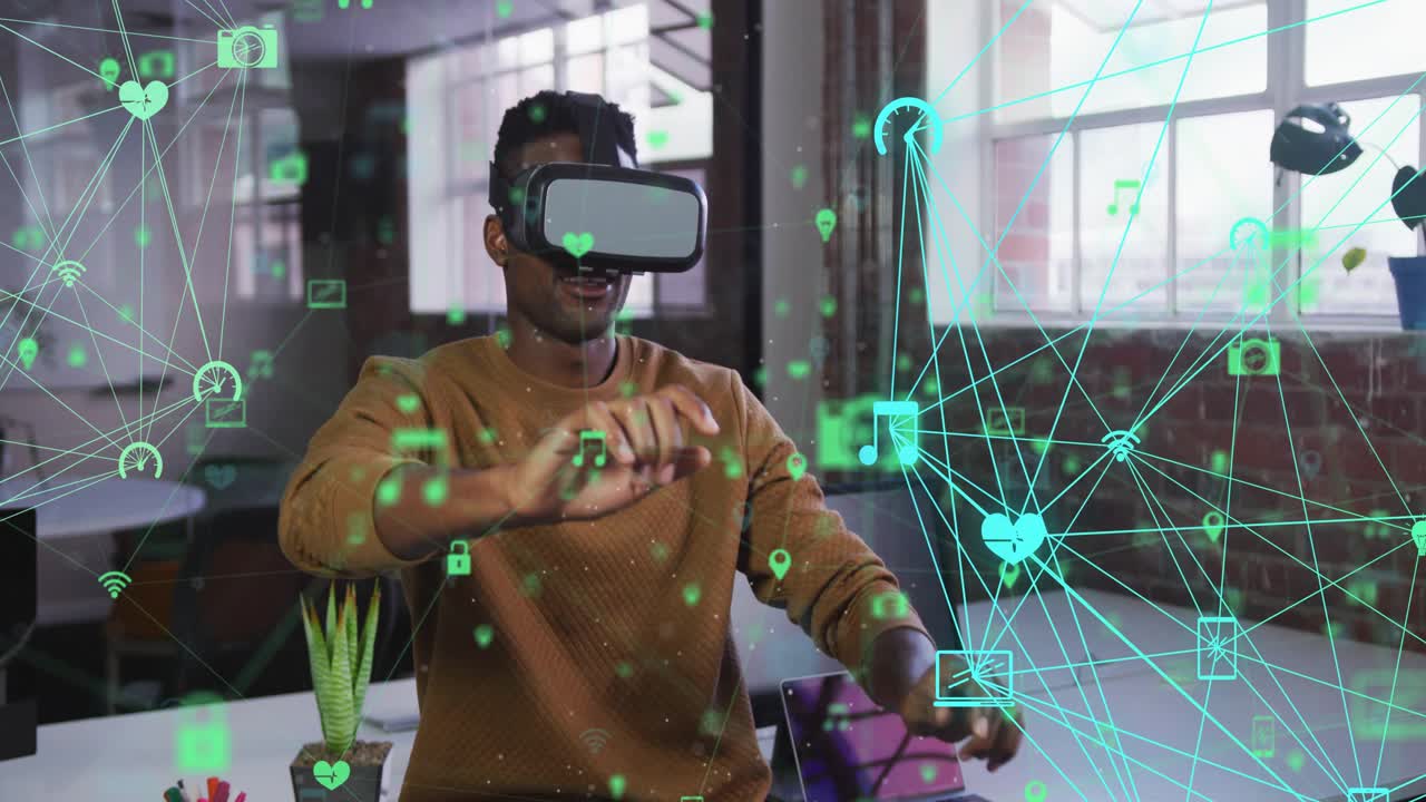 Tech designer wearing VR headset raising hands tapping holographic icons while organizing web