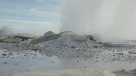 Geothermal-geyser-Erupting-with-steam-and-water-surrounded-by-nature,-Rotorua,-New-Zealand,-Slow-motion-iconic-steamy-rocky-environment,-Sunny-Daytime-Sky