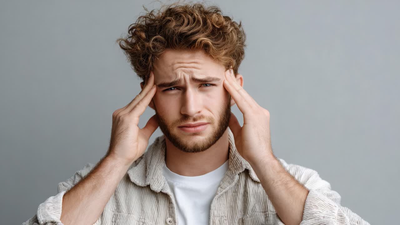 A Young Man Expressing Strain and Discomfort While Holding His Head, Reflecting Tension and Frustration in a Neutral Background Setting