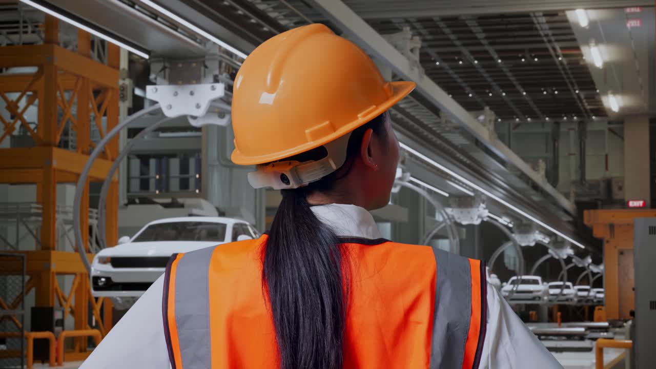 vista posterior cercana de una ingeniera que usa un casco de seguridad mirando a su alrededor mientras está de pie con los brazos akimbo en la fábrica de automóviles ev