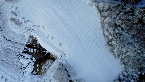 Luftdrohne-Draufsicht-Auf-Den-Zugefrorenen-See,-Umgeben-Von-Schneebedeckten-Wäldern-Tagsüber