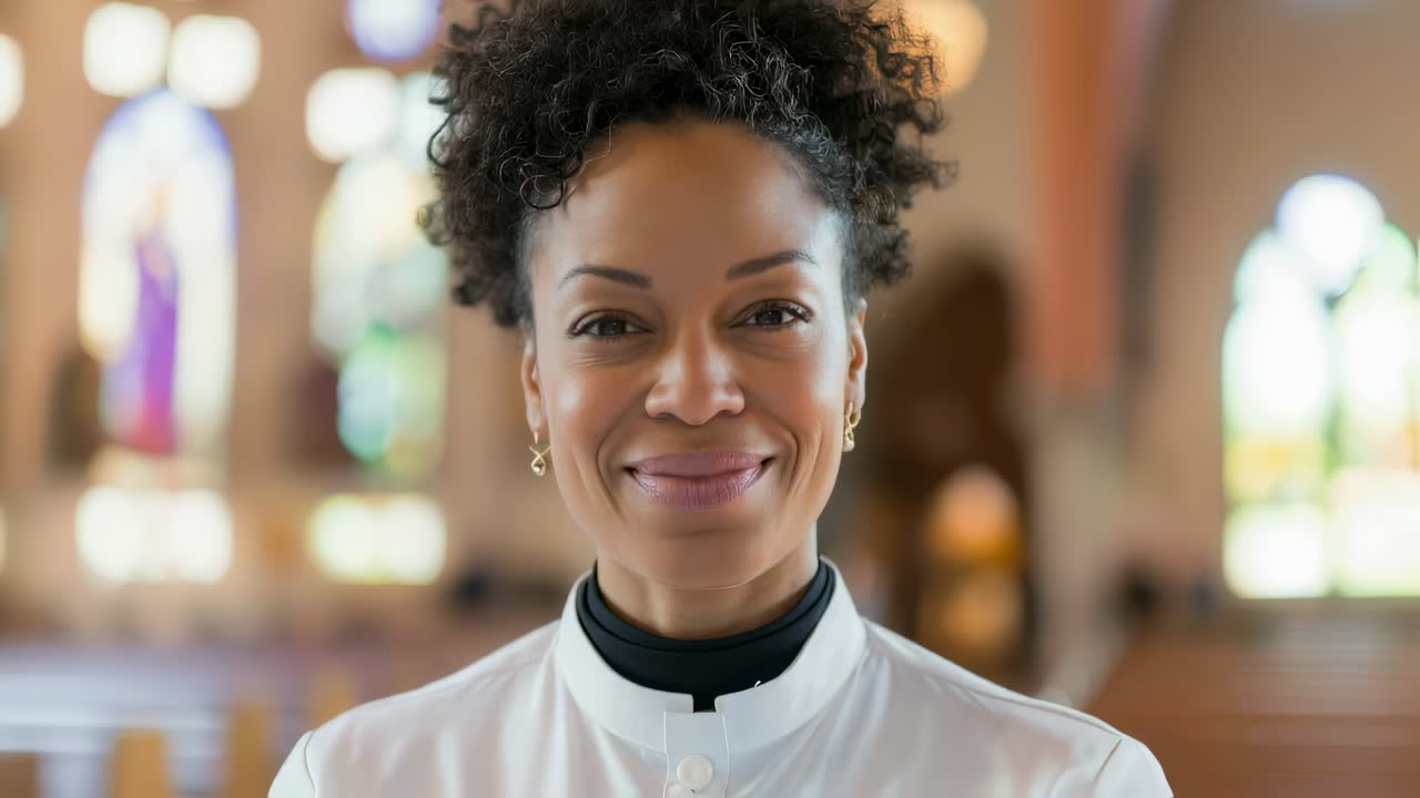Confident african american female priest wearing clerical collar, standing in church, looking at camera, smiling and posing for a series of pictures