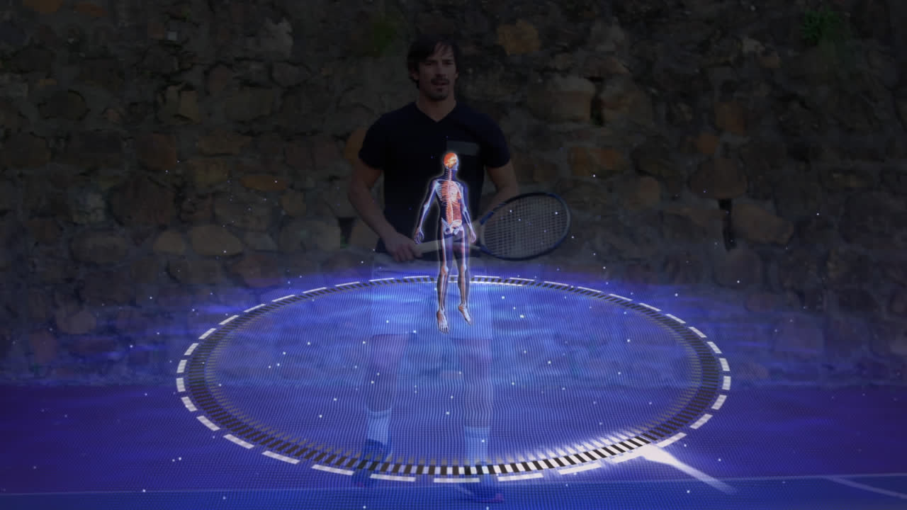 animación del cuerpo humano y telescopios girando sobre el jugador de tenis masculino