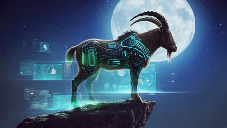 bionic ibex under a full moon with digital overlays