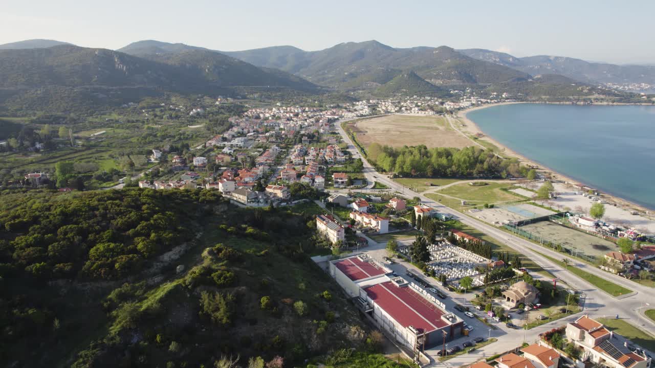 Nea Iraklitsa Kavala Greece, Beach Houses, Residential Developed area, Aerial Dolly Shot, Panoramic View