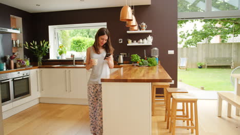 woman using mobile phone in a cozy kitchen