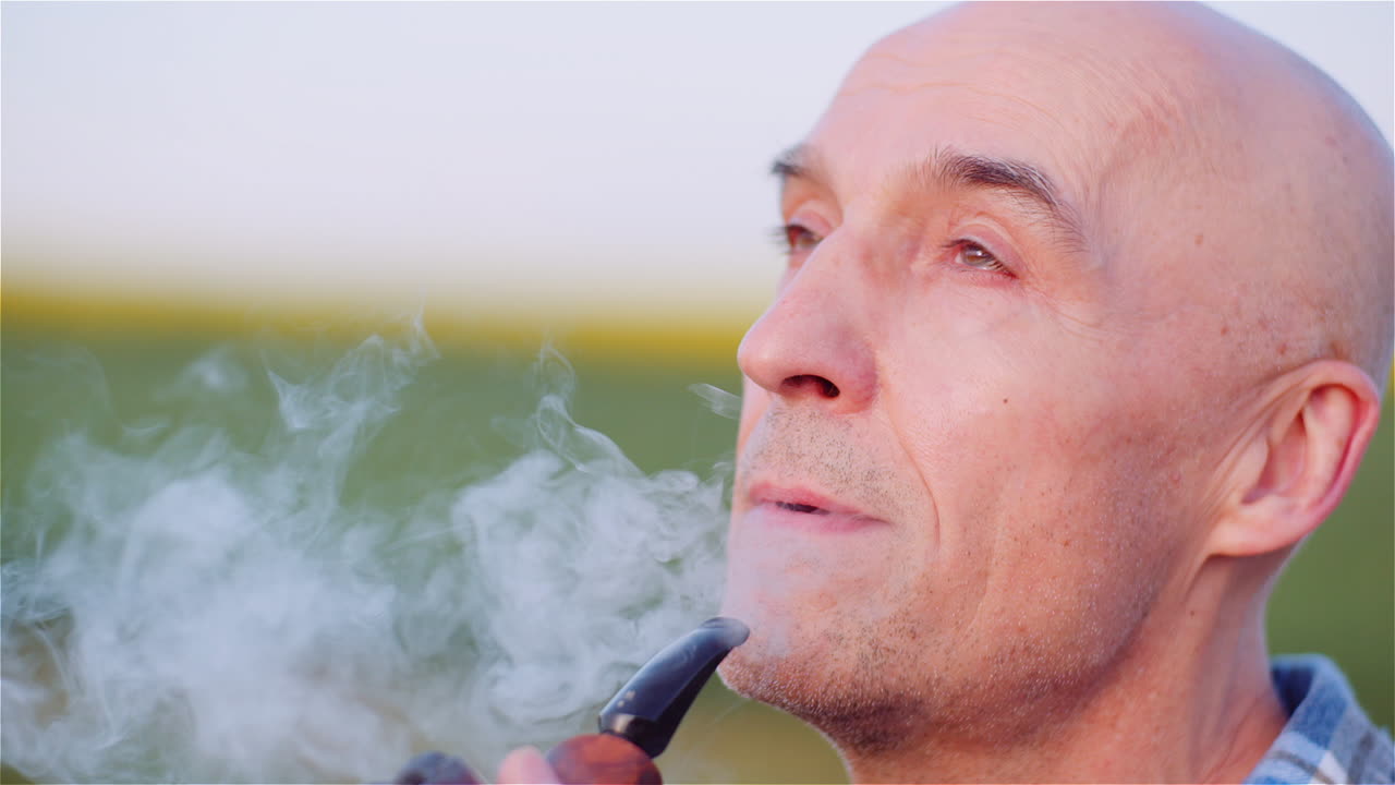 Primo piano di un uomo calvo che fuma la pipa ed espira fumo all'aperto.