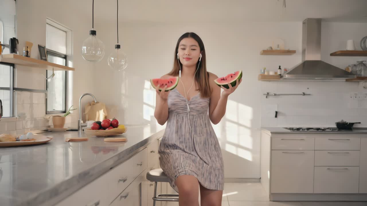 Donna con anguria in cucina
