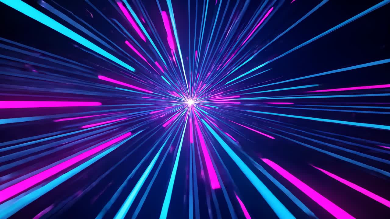 Emerging neon core radiating magenta-blue streaks in digital void, with accelerating tunnel effect
