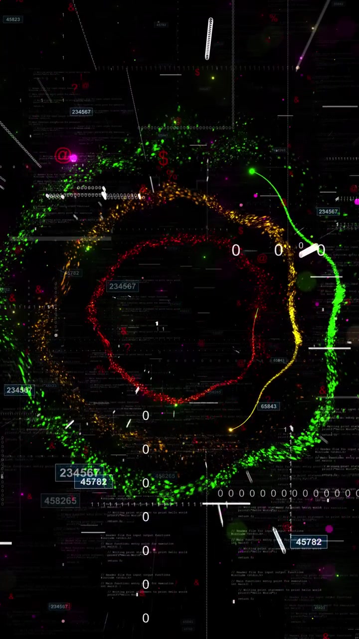 Hacker code circle visual with dark digital gold particle arc binary data tech interface depth