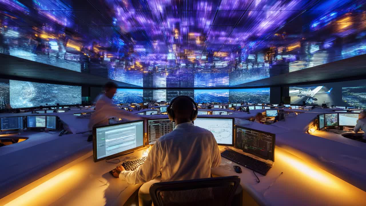 A High-Tech Control Room Filled with Monitors and Screens, Showcasing the Future of Command and Control Operations in a Dynamic and Engaging Environment