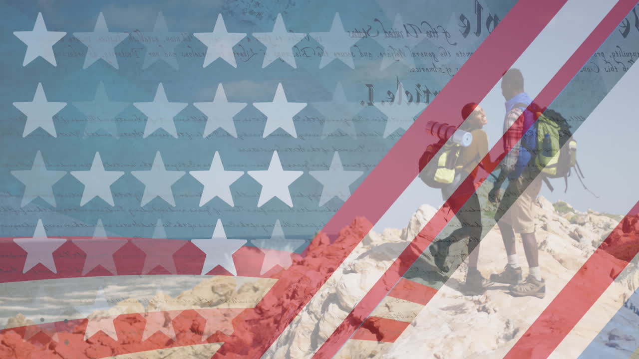 줄무 ⁇ 와 별의 애니메이션이 커플 하이킹을 이동하고 있습니다.