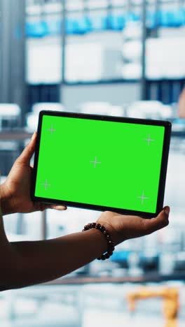 vertical video smart factory technician manages robotic arms using mockup notebook