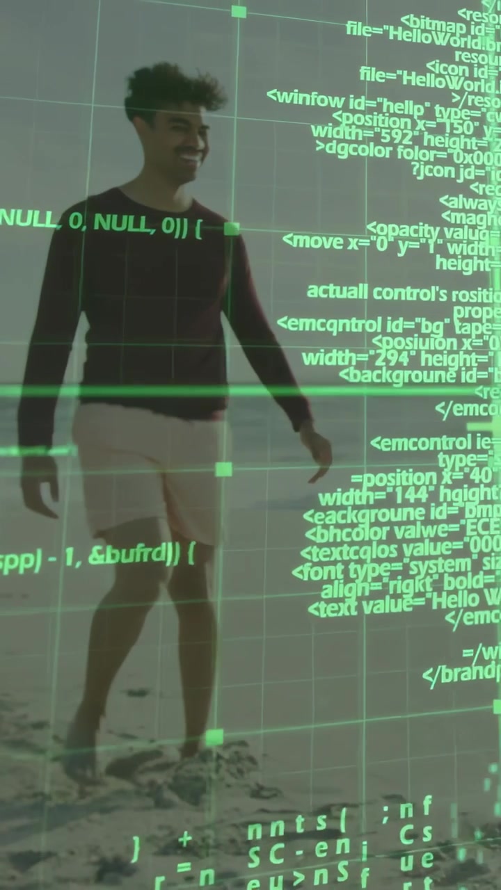 Vertical video: Man extending right arm walking shoreline, testing tech overlay aligning code grid