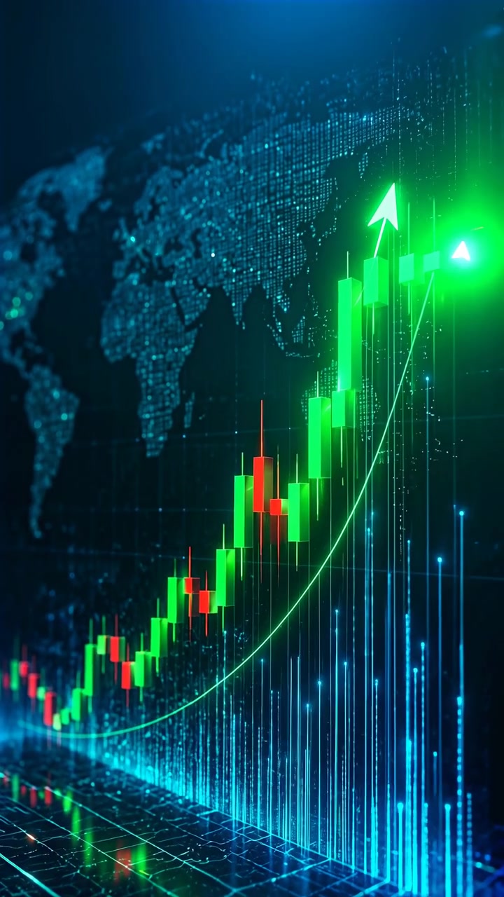 Grafico a Candele Verde in Forte Crescita sulla Mappa del Mondo, Barre al Neon e Frecce Luminose Segnalano un Trend Rialzista Globale
