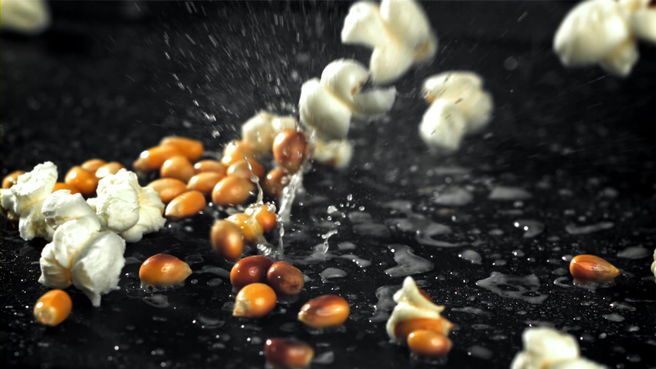 Popcorn Kernels and Popped Popcorn Falling and Splashing in Slow Motion