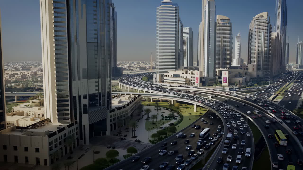 Busy City Highway Interchange with Modern Skyscrapers