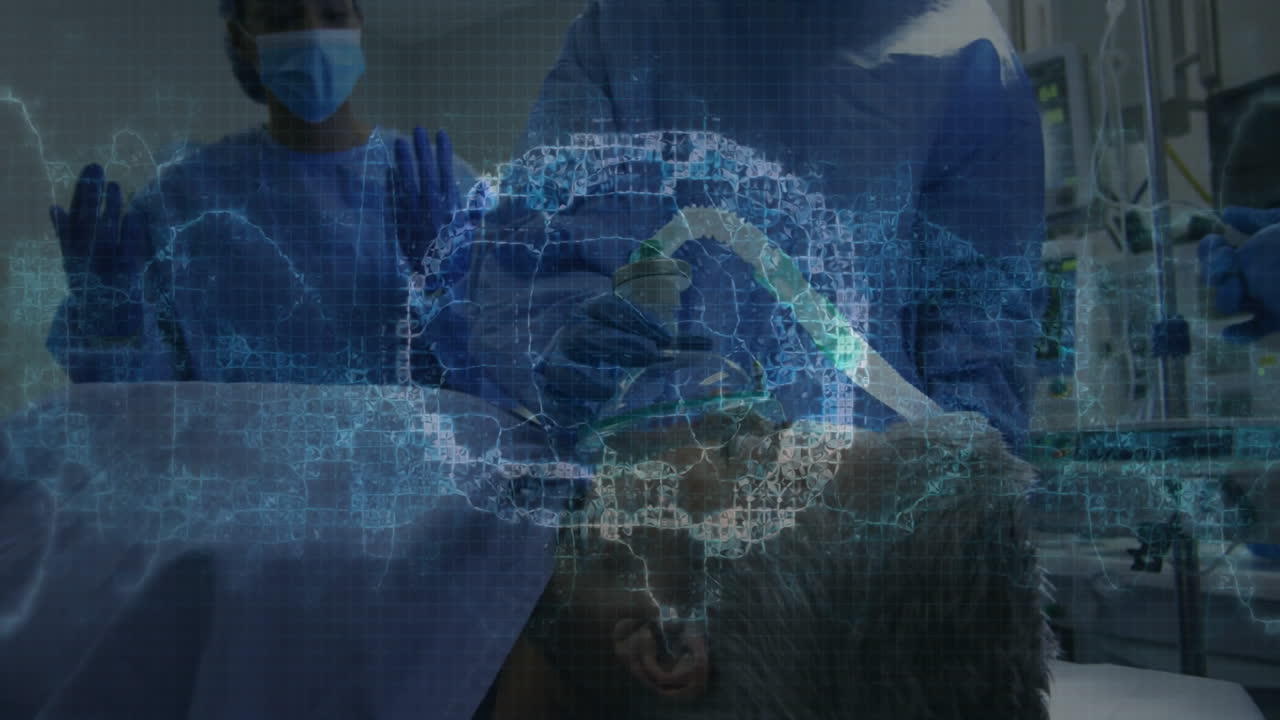 Medical team adjusting ventilation in ICU, with holographic brain?scan overlay guiding procedure