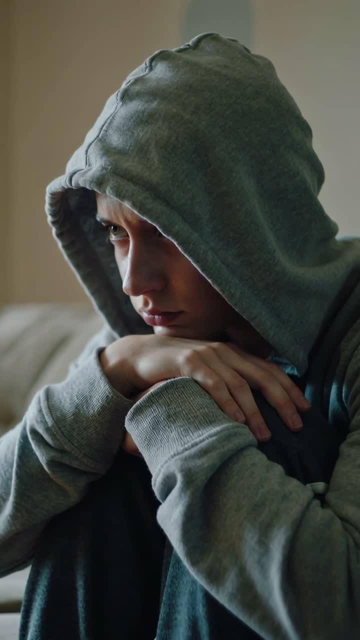 Vídeo vertical: Adolescente de moletom cinza com capuz levantado sentado no sofá de casa, desviando o olhar e apertando as mãos.