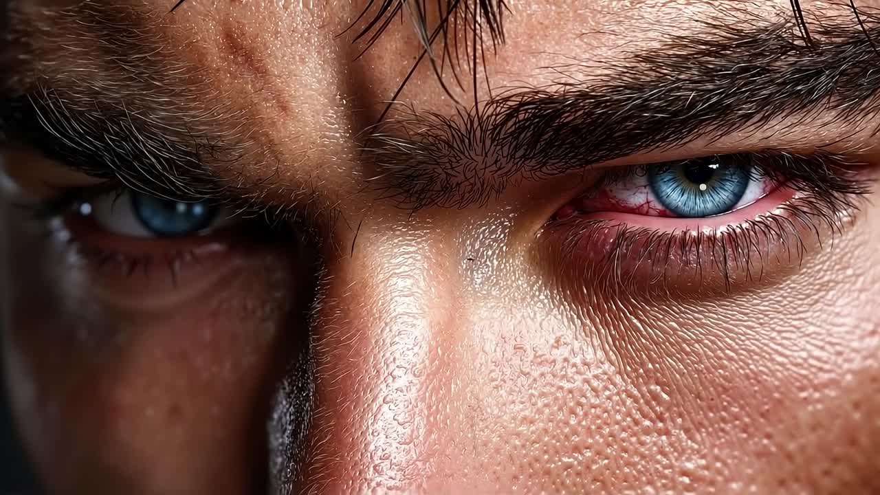 A close up of a man's face with blue eyes
