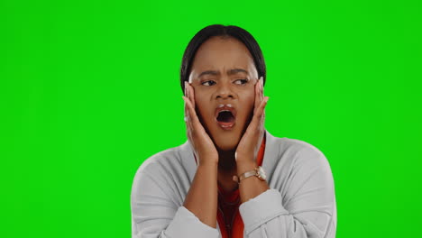 Face,-green-screen-and-black-woman-with-surprise