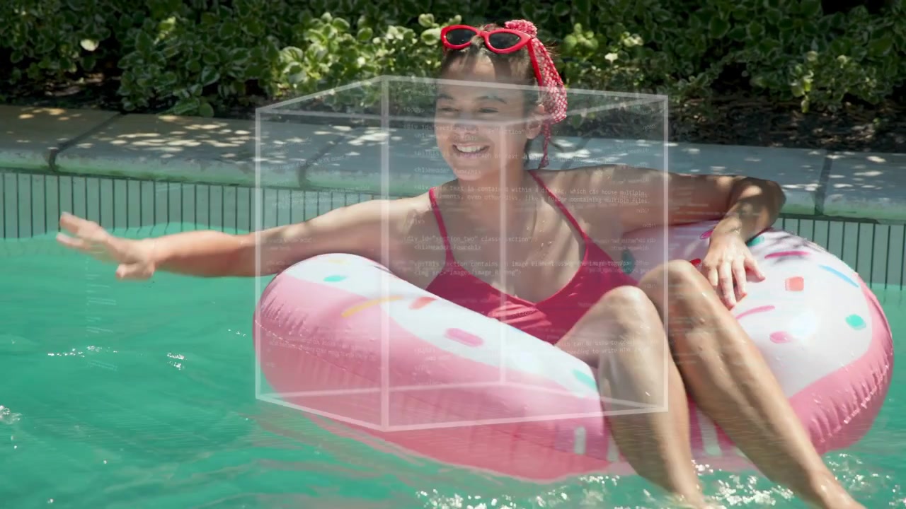 Beach ball hitting donut float, woman in red reacting, reaching, others passing ball for marketing