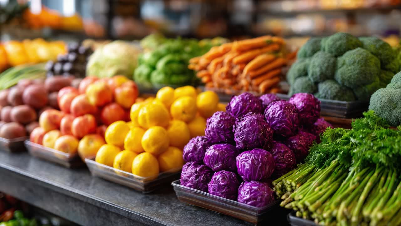 A Vibrant Display of Fresh Fruits and Vegetables in a Market: Showcasing the Rich Colors and Variety of Nature's Bounty for Healthy Living