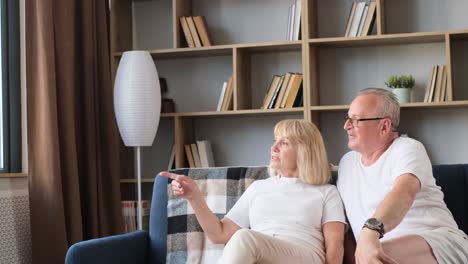 elderly couple conversing on a couch in their living room