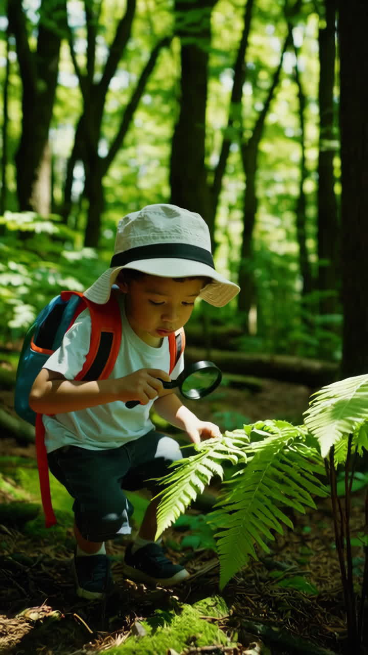 Young boy exploring nature with a magnifying glass in a forest