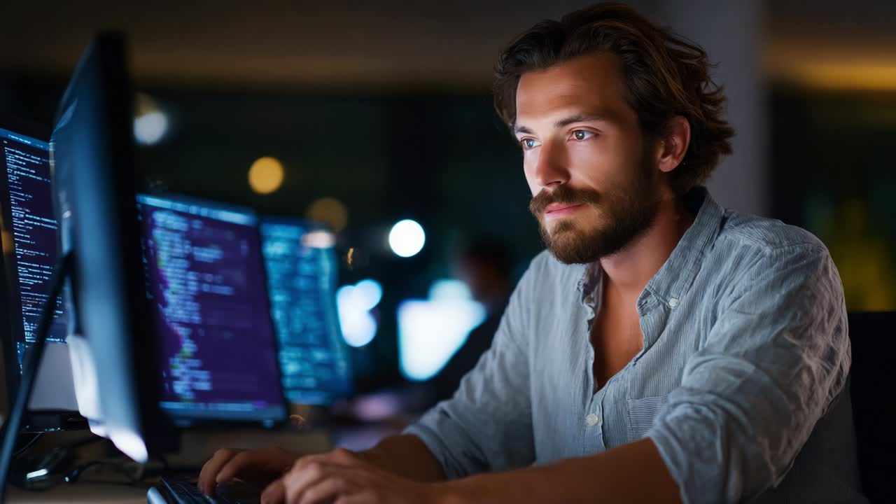Focused Male Programmer Working Late at Night on Advanced Coding Projects with Multiple Computer Screens Illuminated in a Modern Office Environment, Deep in Thought and Concentration