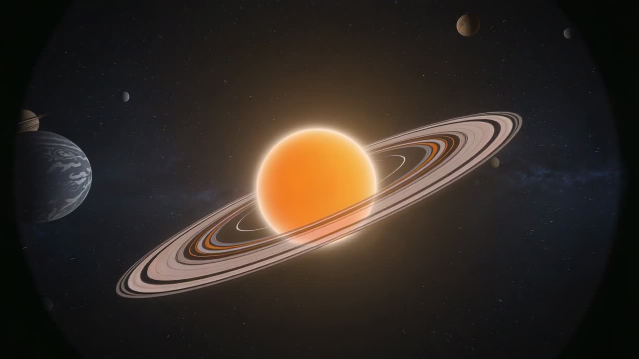 Punto di vista che si ingrandisce tramite oculare nello spazio, avvicinandosi a un corpo arancione anellato, rivelando anelli a fasce.