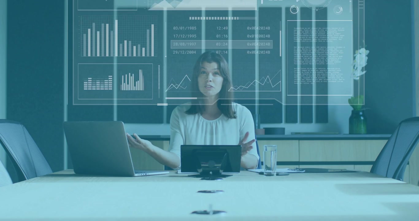 Businesswoman tapping laptop and swiping HUD, changing charts and globe, explaining finance trends