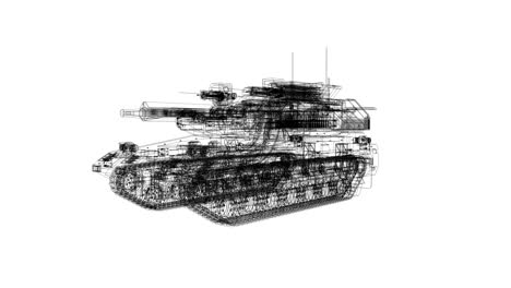 Loop-rotation-animation-of-a-military-tank-wireframe-with-thin-dark-black-lines