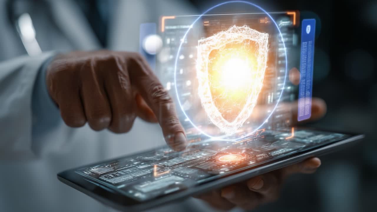 Un Professionista della Sanità si Confronta con Strumenti Avanzati di Sicurezza Digitale per la Protezione dei Dati dei Pazienti e le Innovazioni Mediche Utilizzando la Tecnologia della Realtà Aumentata