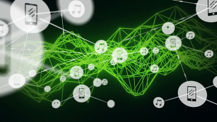 Animation af digitale forbindelser med svævende musikikoner på grøn baggrund