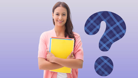 Animation-of-blue-check-question-mark-over-smiling-caucasian-female-student-holding-books,-on-lilac