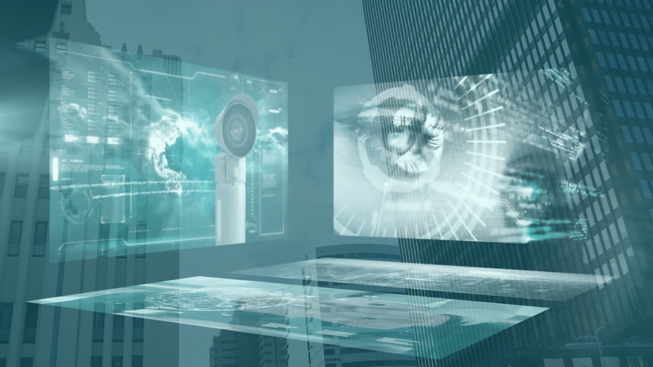 컴퓨터 화면의 애니메이션으로 카메라가 배경에서 도시 풍경 위에 움직입니다.