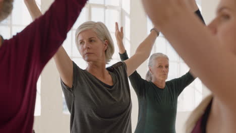 Clase-De-Yoga-De-Mujeres-Maduras-Sanas-Practicando-Pose-Guerrera-Disfrutando-Del-Ejercicio-Físico-Matutino-En-El-Estudio