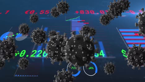 Animation-of-covid-19-cells-and-data-processing-on-blue-background