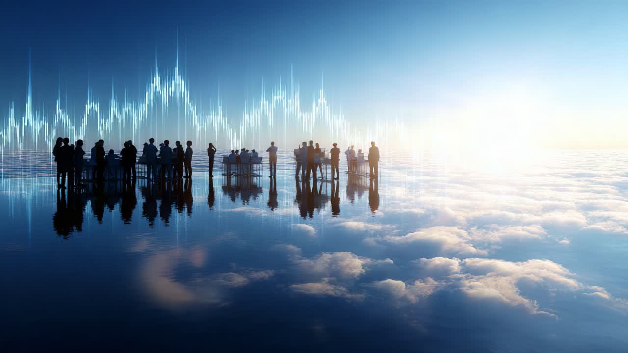 A Group of Silhouetted Figures Standing Together Amidst Ethereal Clouds Under a Bright Sky, Converging Towards an Abstract Sound Wave Visualization in a Dreamlike Setting
