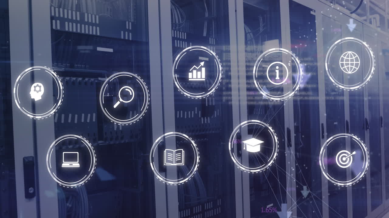 Icone di business, media ed educazione ed elaborazione dati su server