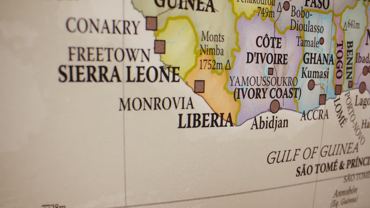 Close-up of a map showing West African countries including Sierra Leone, Liberia, and Ivory Coast