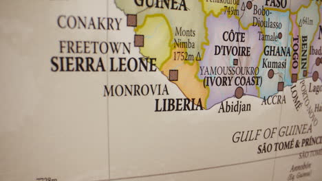 close-up of a map showing west african countries including sierra leone, liberia, and ivory coast