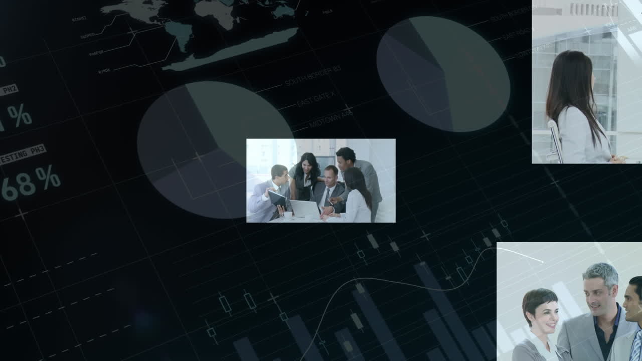 Animation of statistics and data processing over business people in meeting