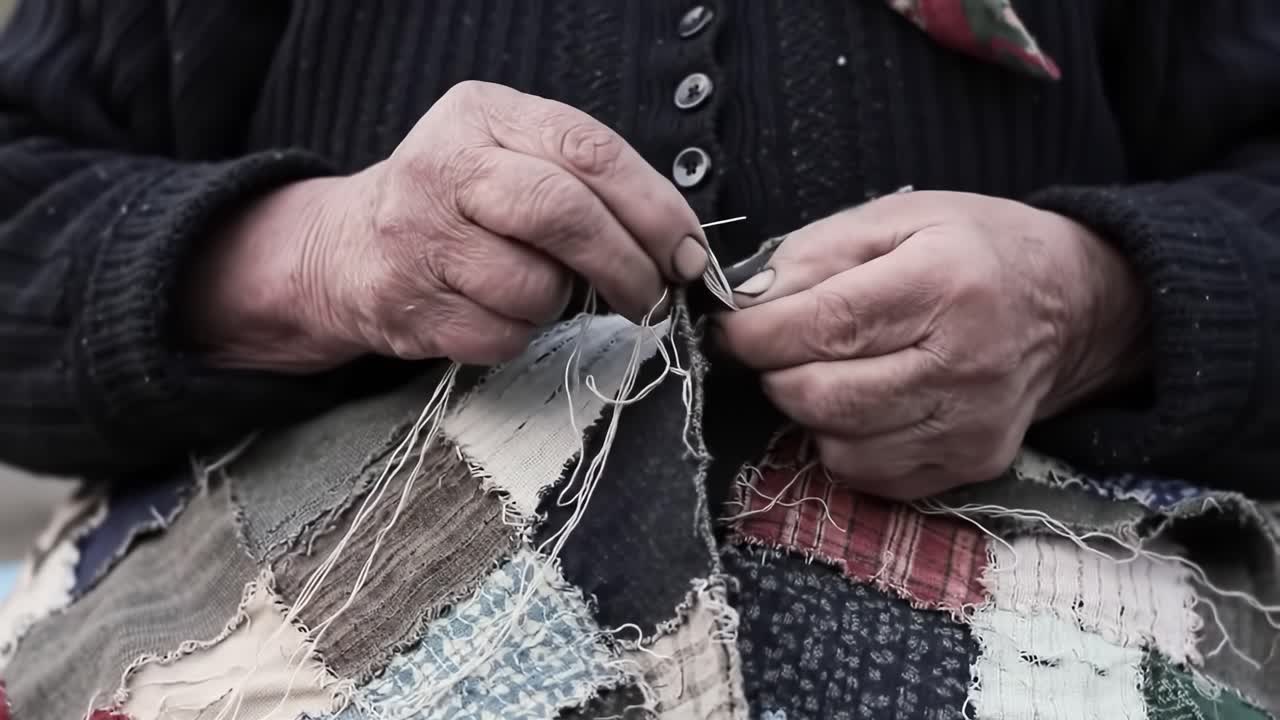 An elderly woman skillfully hand stitches a patchwork quilt while seated outdoors.