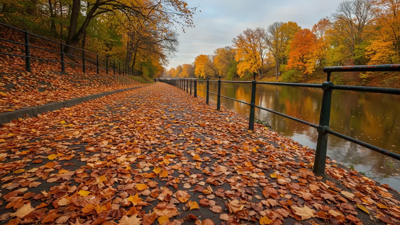 Serene Autumn Landscape Showing a Leaf-Covered Path Alongside a Tranquil River, Framed by Vibrant Orange and Yellow Foliage in a Calm Setting