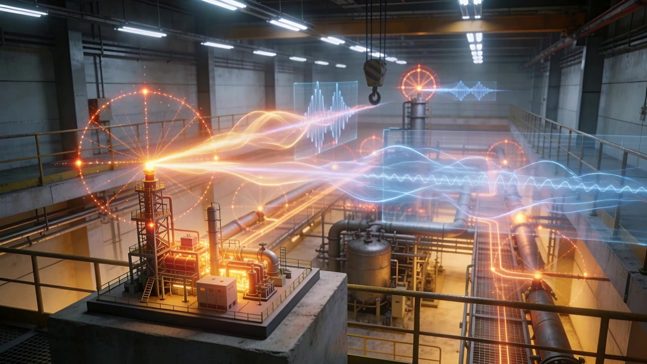 Emitting beam, left orange node driving waveform across platform piping at plant showing data