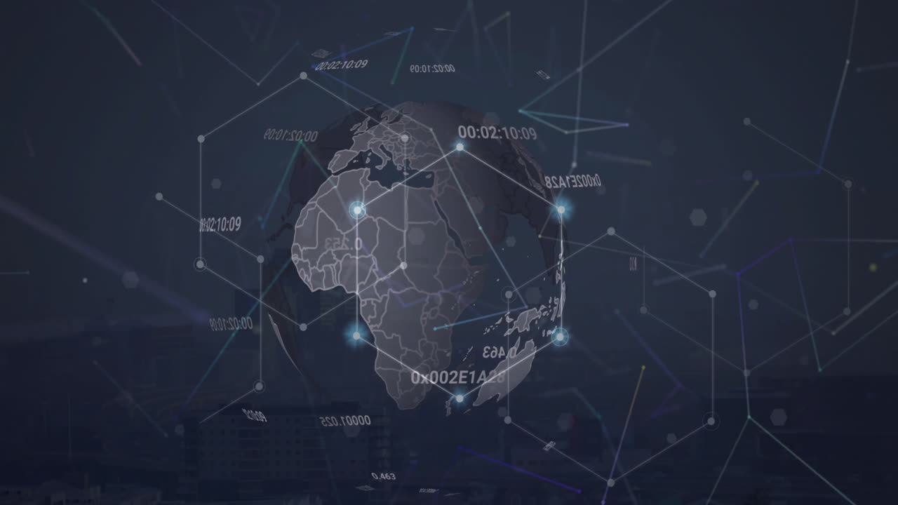 Animation of changing numbers around globe and connected dots hexagons over abstract background